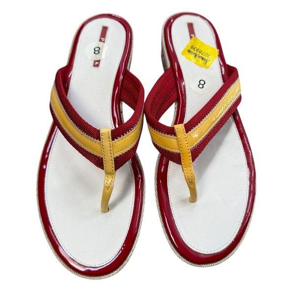 Prada Women’s 8 Chunk Heel Flip Flip Sandal Red Yellow Stripe Coastal Preppy NWT - Picture 1 of 10
